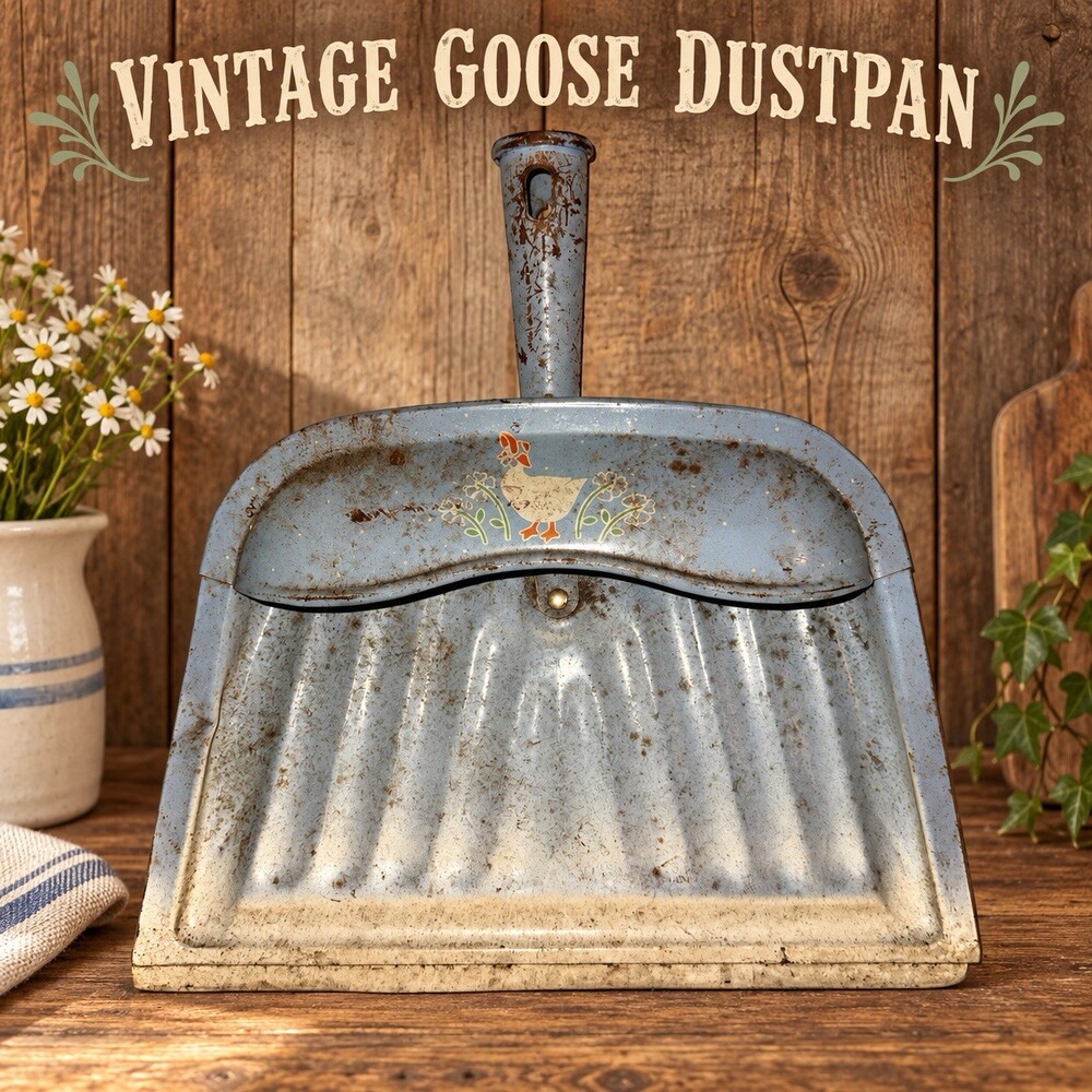 Vintage Blue Metal Dustpan Goose Floral Farmhouse Grannycore Made in USA
